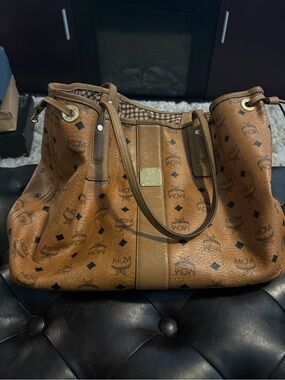 MCM Cognac Logo Visetos Shoulder Tote